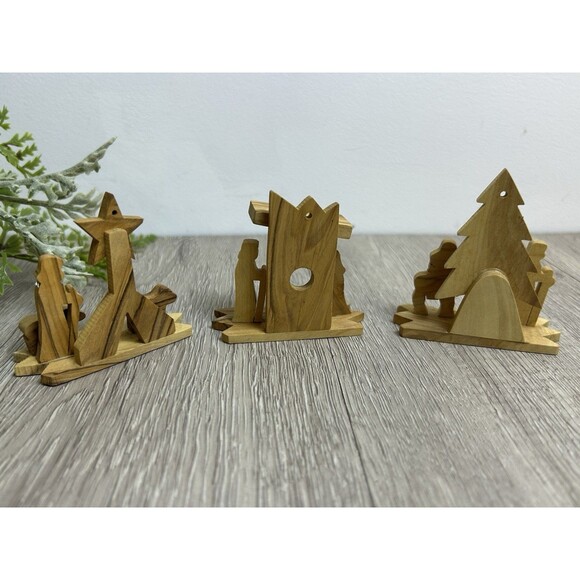 Set Of 3 Wooden Hand Carved Bethlehem Holy Land Christmas Figurines Ornaments - Picture 5 of 8